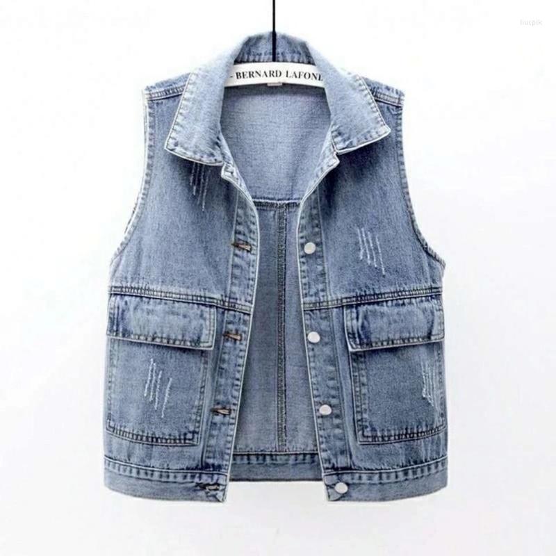 

Women' Vests Women Denim Vest Ripped Blue Black Jeans Jacket Sleeveless Fashion Spring Autumn Loose Short Coat Causal Waistcoats Howdfeo