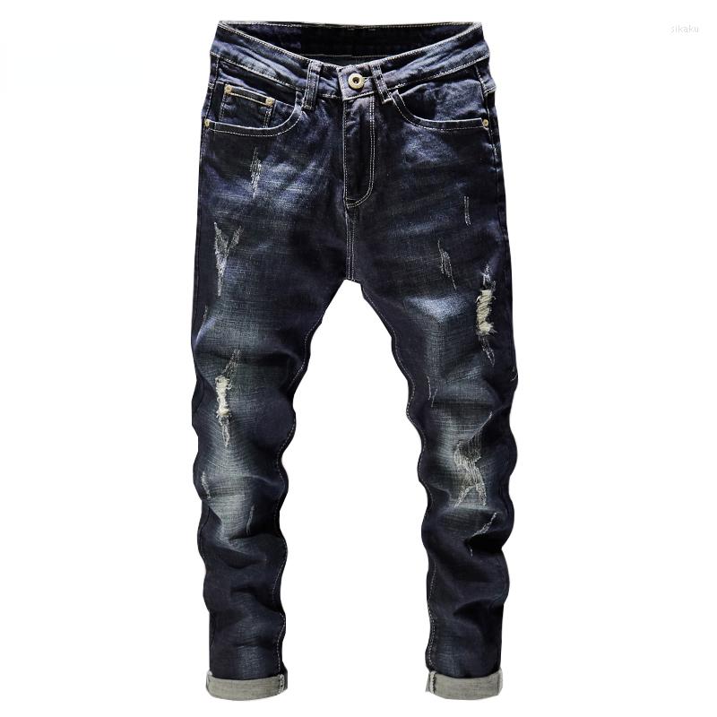 

Men's Jeans Distressed Men Dark Blue Stretch Slim Fit Hip Hop Destroyed Broken Holes Ripped Man Denim Pants Frayed Trousers Punk Style