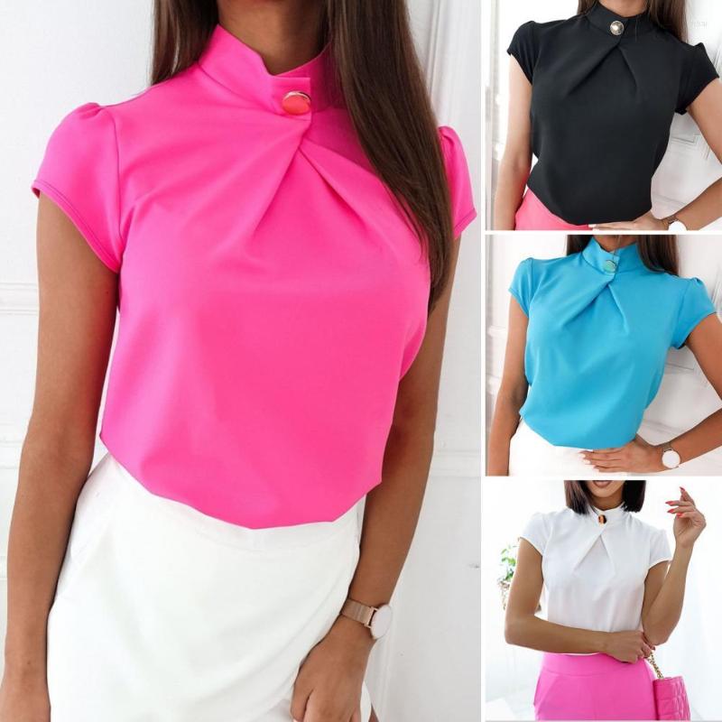 

Women' Blouses Women Summer Shirt Adjustable Half Turtleneck Short Sleeve Slim Button Elegant Office Lady T-shirt Blouse Blusa Feminina, Black