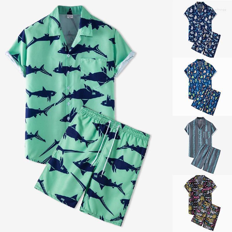 

Men's Tracksuits Men's Men Hawaiian Sets Printing T-Shirt Summer Short Sleeve Button Shirt Casual Beach Shorts Streetwear Fashion Mens, Green