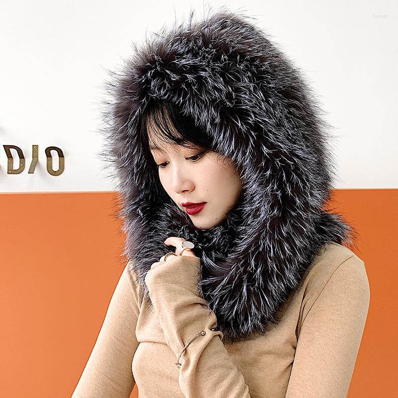 

Berets Natural Real Fur Snow Hat Hand Knitted Scarf Integrated To Keep Warm Versatile Ear Protection, White