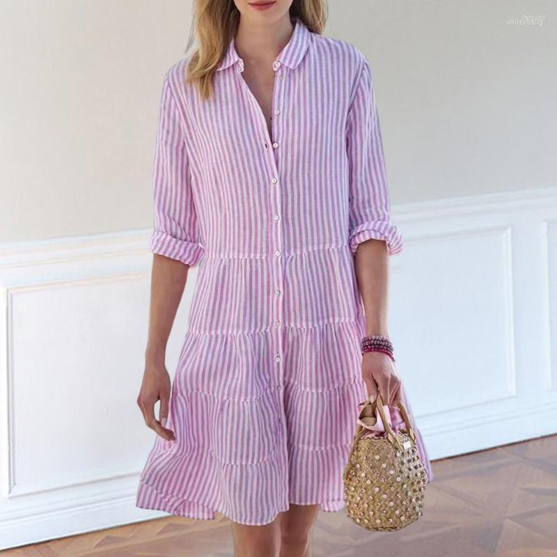 

Casual Dresses Autumn Dress Long Sleeve Single Breasted Hem Shirt Elegant Turn-down Collar Striped Print Office Female Clothing, Sky blue