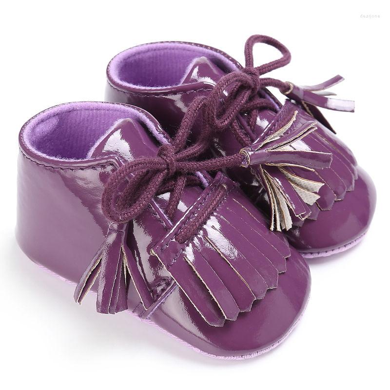 

First Walkers Spring Born Baby Girls PU Patent Leather Crib Fringed Lace-Up Moccasins Soft Infants Sneakers Non-slip Shoes, Blue