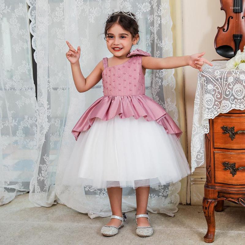 

Girl Dresses Pearls Flower Girls Wedding Dress Formal Ceremonies Ball Gown Tulle Kids Clothing Little Birthday Christening Vestido, L2085xz-white