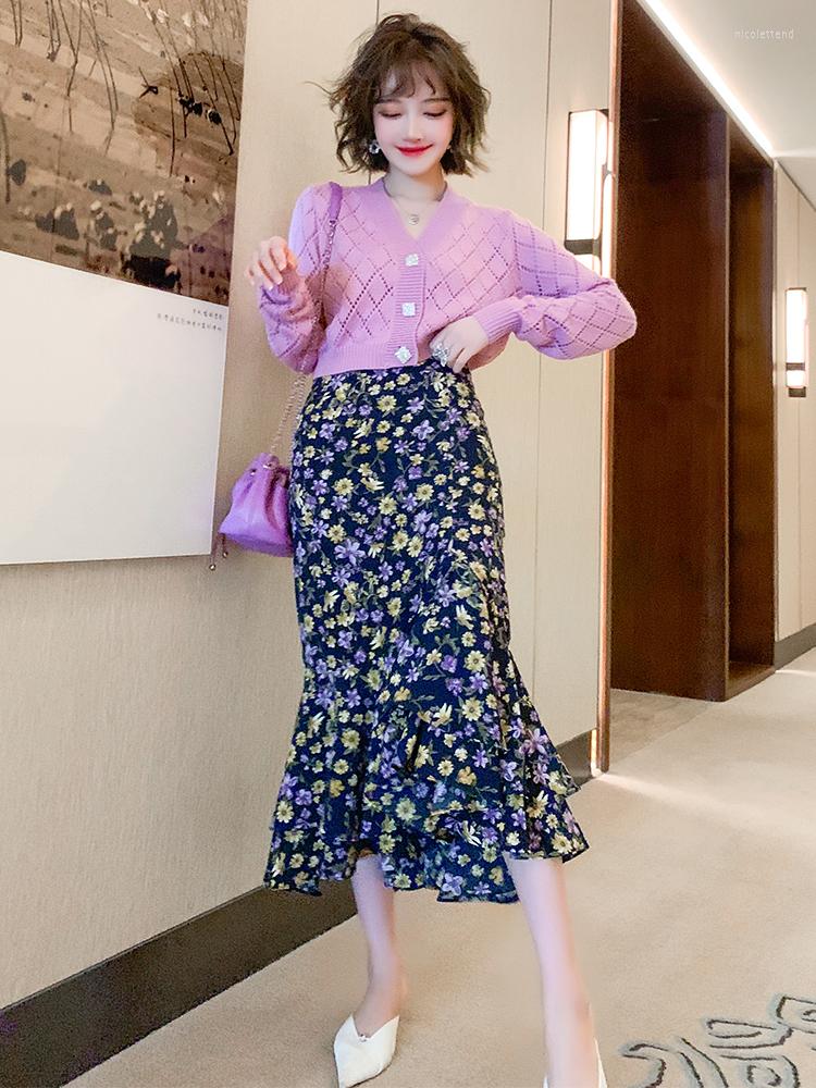 

Skirts Retro Floral High Waist Slim Bag Hip Double Ruffle Split Fishtail Skirt 2022 Spring Quality Top, Blue