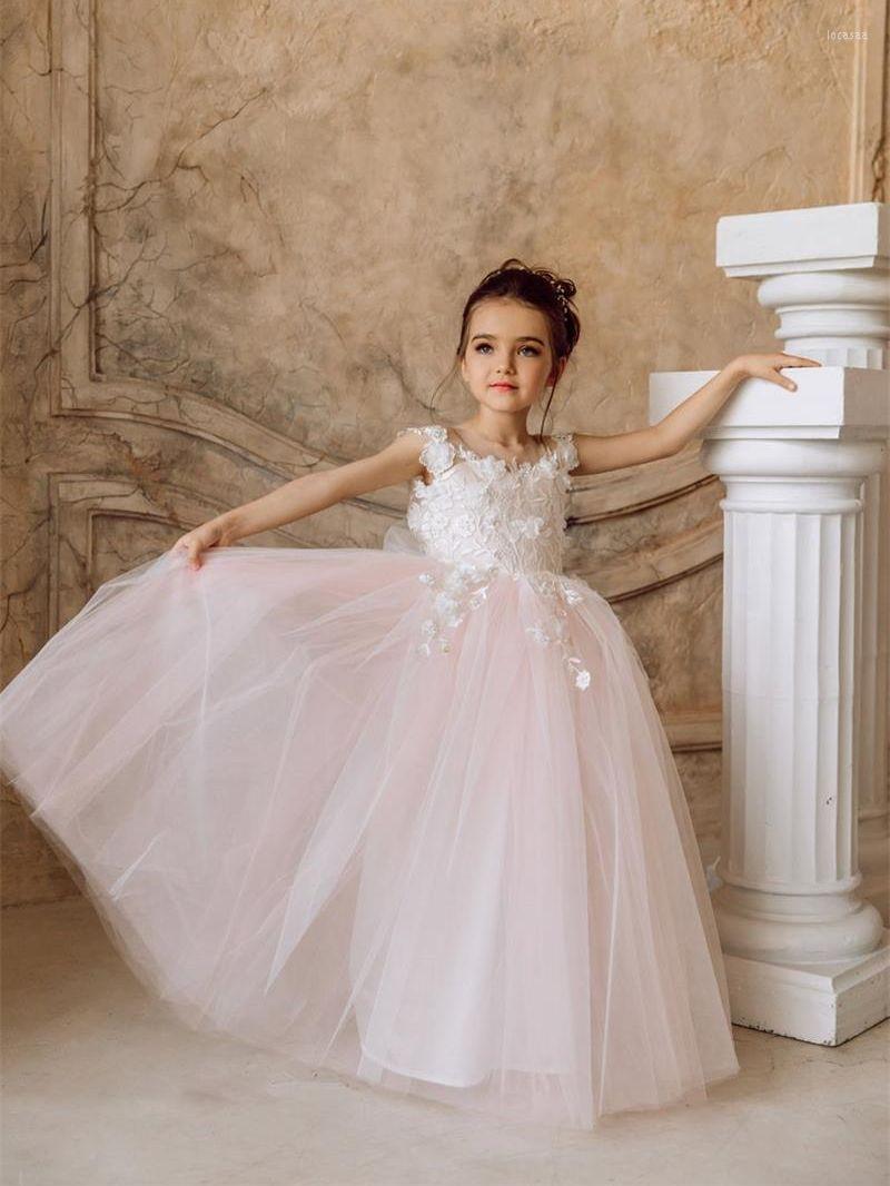 

Girl Dresses Boho Tulle Graceful Flower Appliques A Line Spaghetti Straps Sleeveless Bow First Communication Dress, Gold