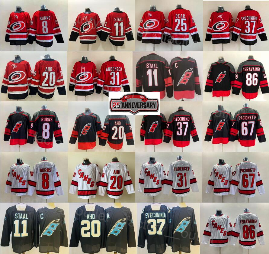 

Reverse Carolina Hockey Hurricane Jersey 25th 11 Staal 20 Sebastian Aho 37 Andrei Svechnikov 67 Max Paciorett 31 Frederik Andersen 8 Brent Burns Teuvo Teravainen, With patch