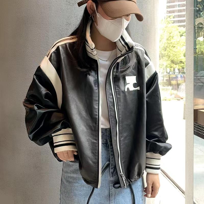 

Women's Jackets Fashion Classic Trendy Luxury Designer Cloth Women Coat Pu Leather Embroidery Logo Casual Jacket Vintage Stand Collar Top, Picture shown