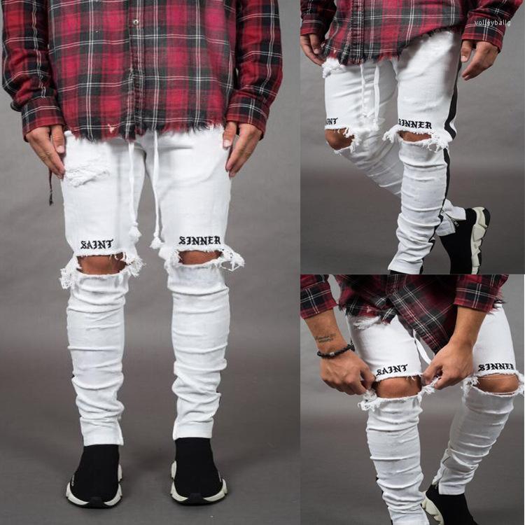 

Men' Jeans Pantalon Jean Hombre Mode Homme Broken Pantalones Mezclilla Side Webbing Hip Hop De Black White Men