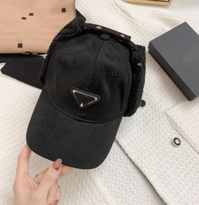 

Top luxury ear protection cap triangle logo letters winter lambswire thickened thermal baseball caps fashion Lei Feng hat, With logo