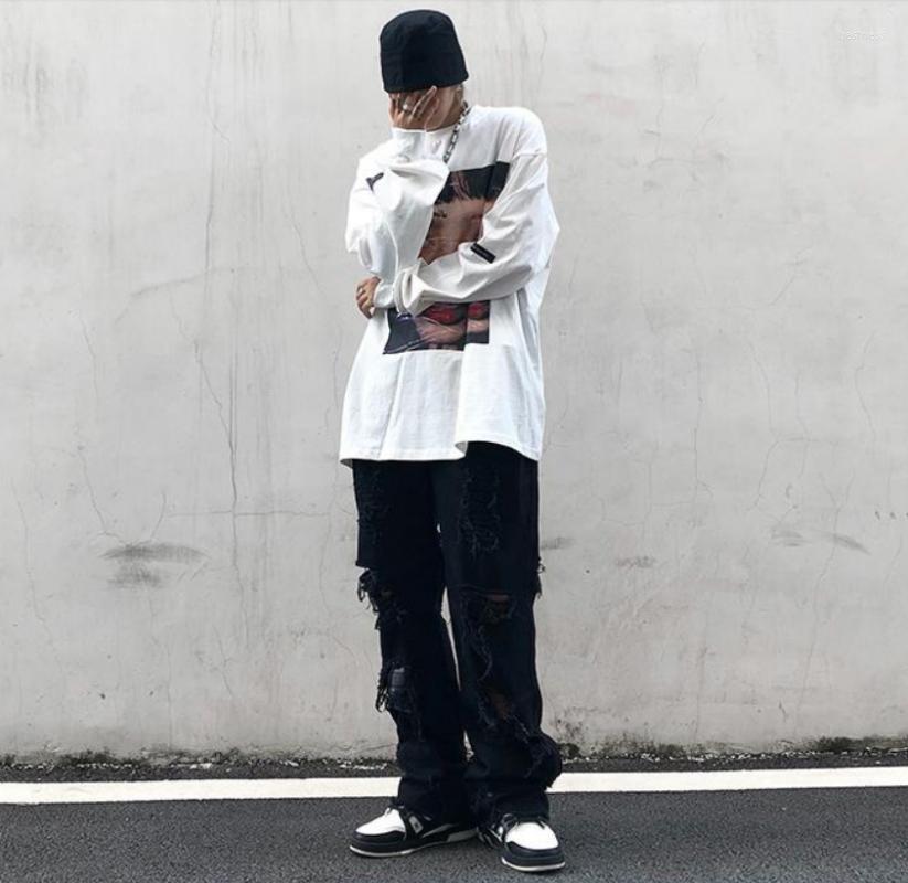 

Men's Jeans Men's For Men Denim Pants Hip Hop Black Goth Trousers Harajuku Ripped Straight Leg Embroidery Streetwear