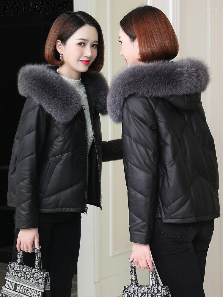 

Women's Leather Winter Genuine Jacket Women Fur Collar Hooded Sheepskin Coat Luxury Clothes Down Jackets Mujer Chaqueta, Black
