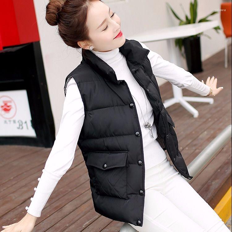 

Women's Vests Jacket Vest Autumn Winter Down Cotton Women's Large Pocket StCollar Sleeveless Tank Top Chaleco Mujer, Black