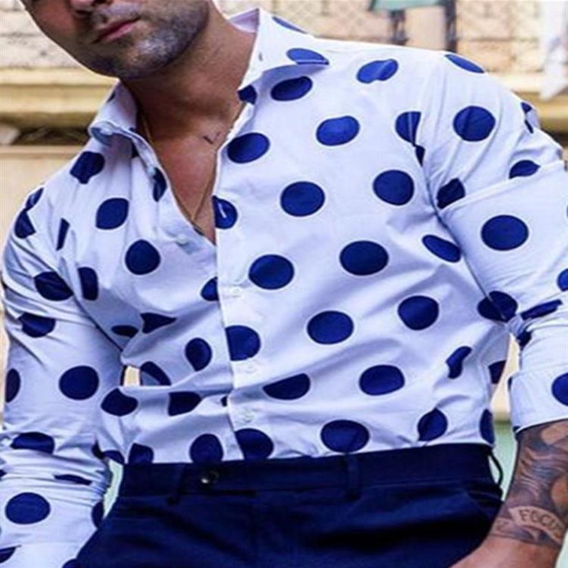 

Men's Casual Shirts Autumn 2021 European And American Lapel Printing Polka Dot White Long Sleeve Shirt -3XL270u