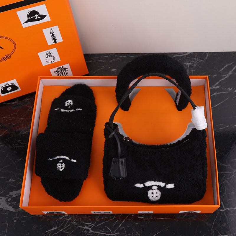 

Three Piece Set Hobo Shoulder Bag Winter Clutch Handbags Purse Hair Hoop Brand Slipper Zipper Closure Triangle Sign Fashion Letters Gift Box