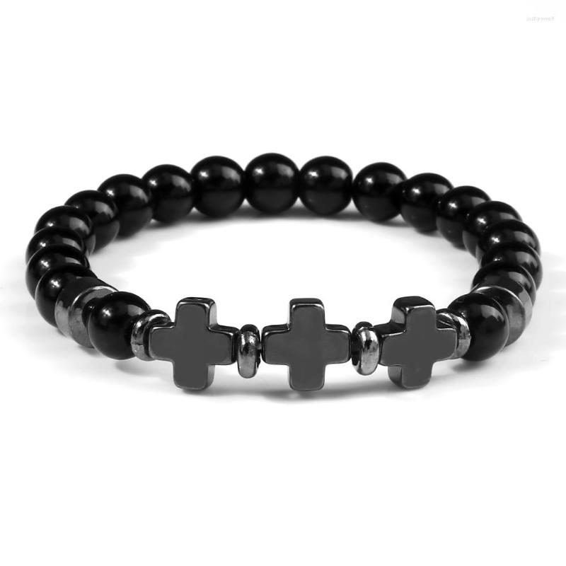 

Strand Classic Men Hematite Cross Beads Bracelets Natural Tiger Eye Black Obsidian Stone Bracelet&Bangle Charm Women Jewelry Gift