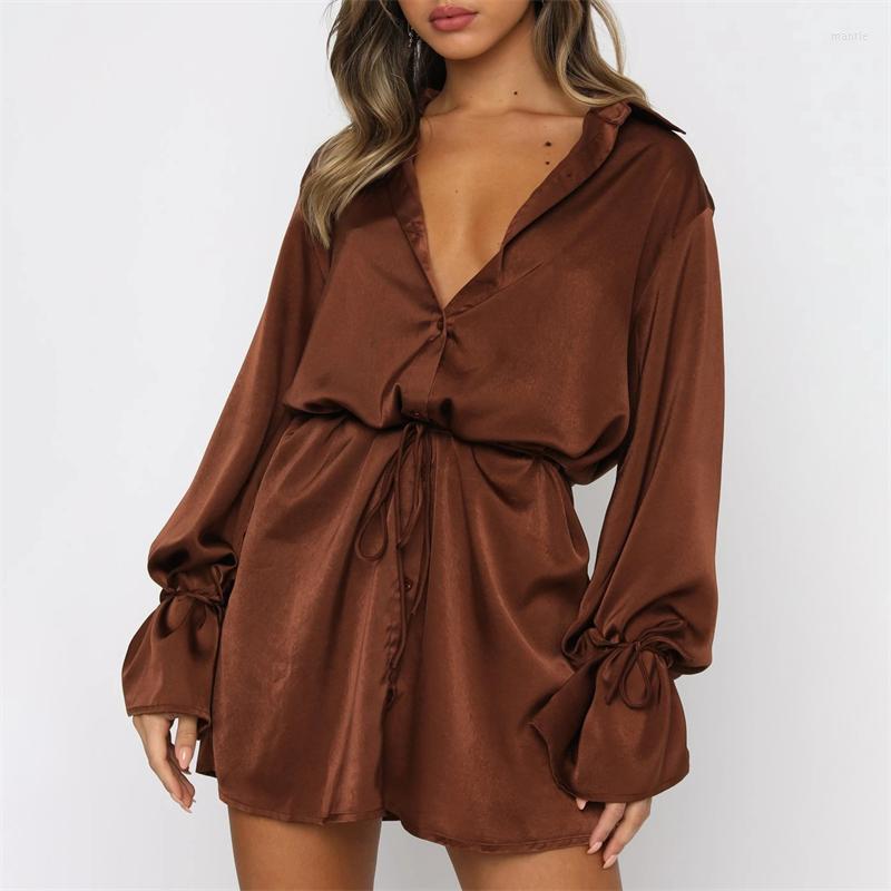 

Casual Dresses 2022 Autumn Fashion Elegant Party Female Turn Down Collar Mini Long Sleeves Satin Women Bodycon Dress, Black