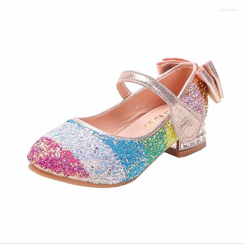

Sandals 2022 Girls Rainbow Sequin Princess Shoes Children Crystal High Heels Little Single, Pink