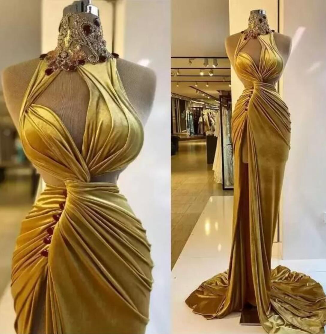 

2023 Gold Velvet Prom Dresses Ruched Long Sweep Train Mermaid Evening Party Gowns Side Slit High Neck Crystals Beading Arabic Robe de Soiree BC14502 GB1021A3, Green