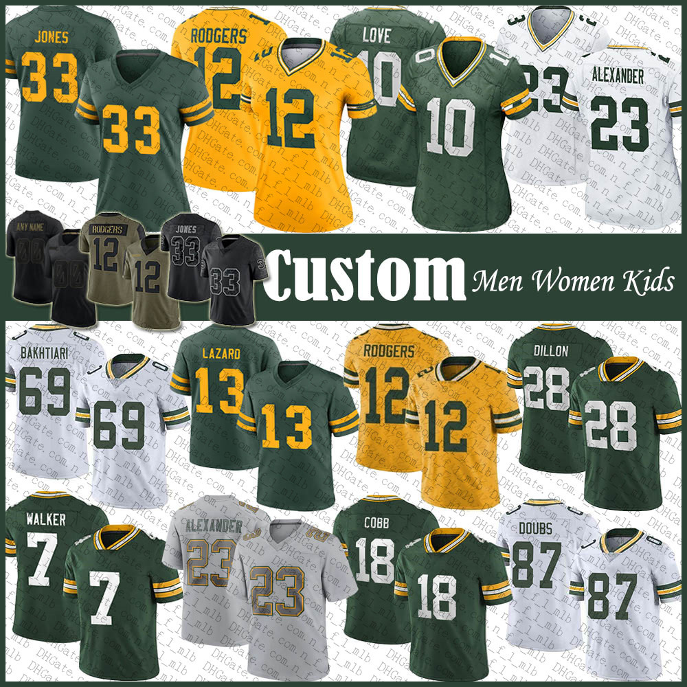 

12 Aaron Rodgers 33 Jones Custom Football Jersey AJ Dillon Jaire Alexander Allen Lazard David Bakhtiari Romeo Doubs Rashan Gary Randall Cobb Quay Walker Mason Crosby, Shown