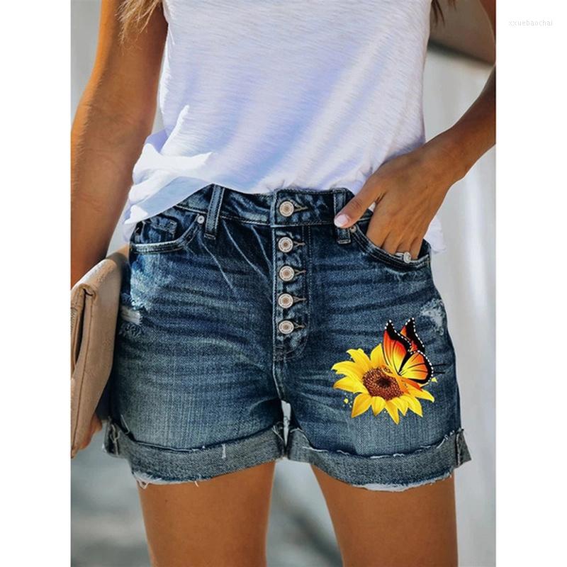 

Women' Jeans Shorts Women Summer High Waist Sunflower Print Jean Casual Ladies Blue Washed Denim Short Pants, Eg2397hs