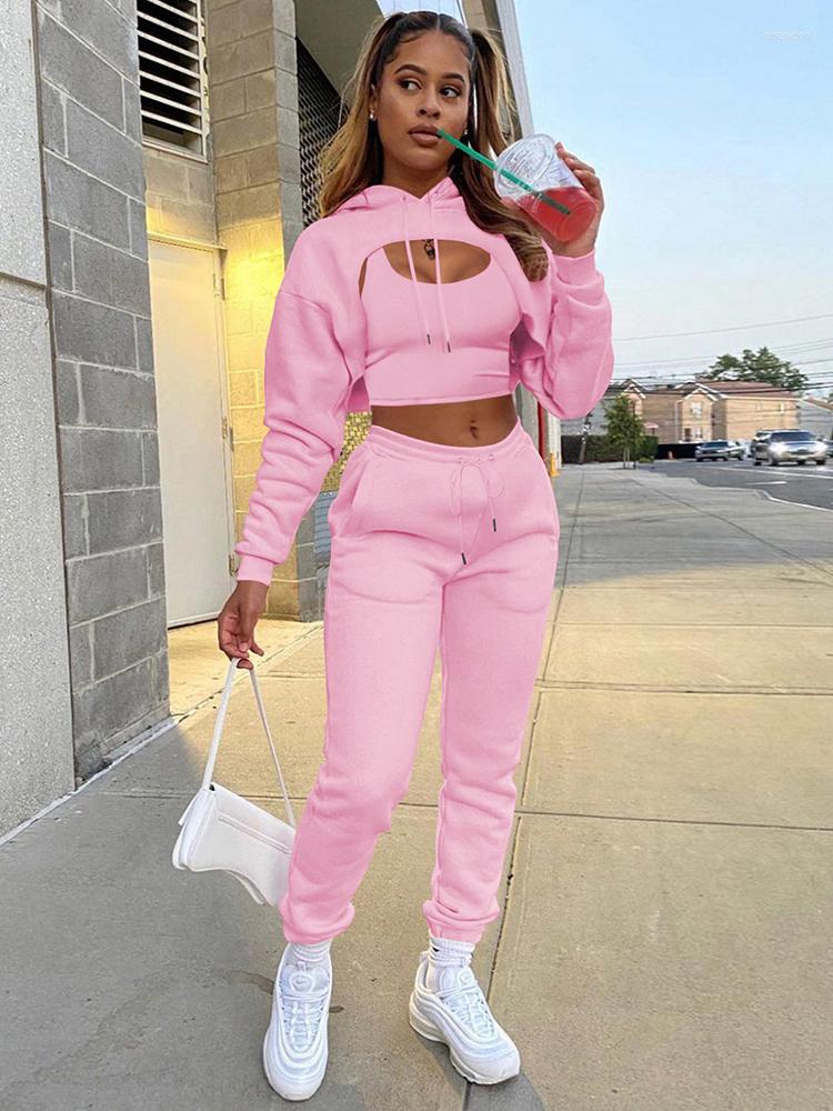 

Women' Two Piece Pants 2022 European And American Fashion Plush Drawstring Hoodie With Cotton Vest Jogging, Black