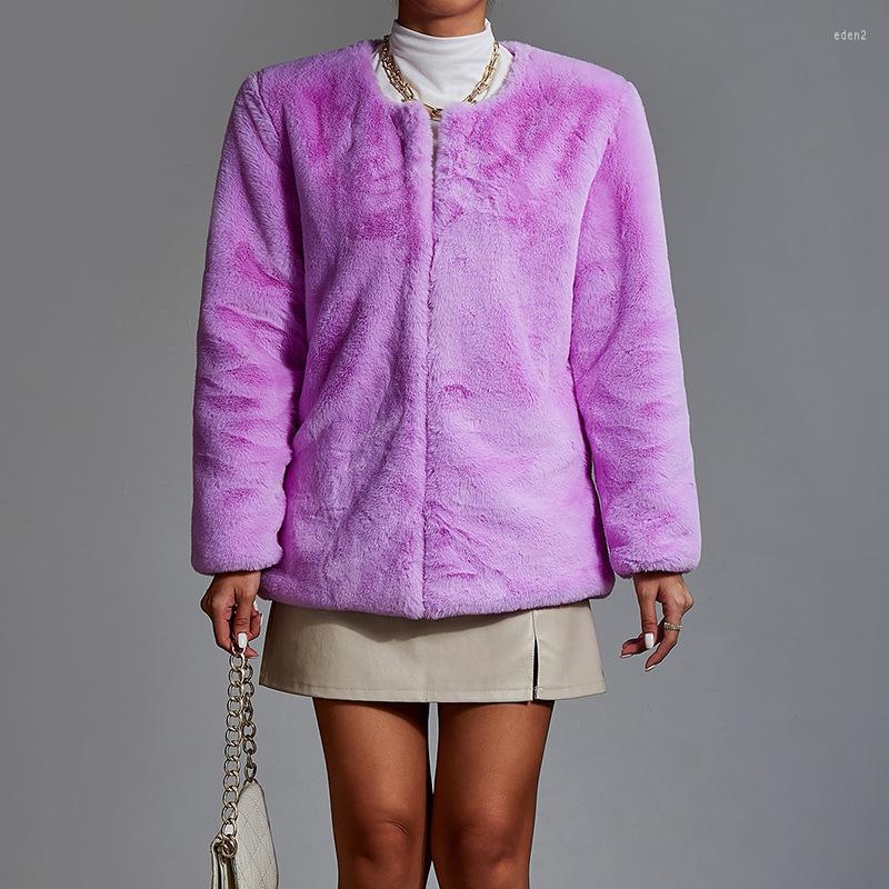 

Women's Fur Wepbel Thin Mid-Length Loose Fluff Jackets Faux Coat Long Sleeve Purple O-neck Fashion Outwear Coats