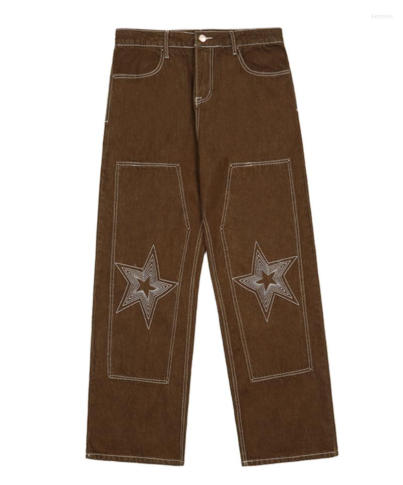 

Men's Jeans 2022 Harajuku Patchwork Letter Stars Embroidery Ripped Mens Denim Trousers Straight Retro Washed Oversized Streetwear Baggy Jean, Auburn