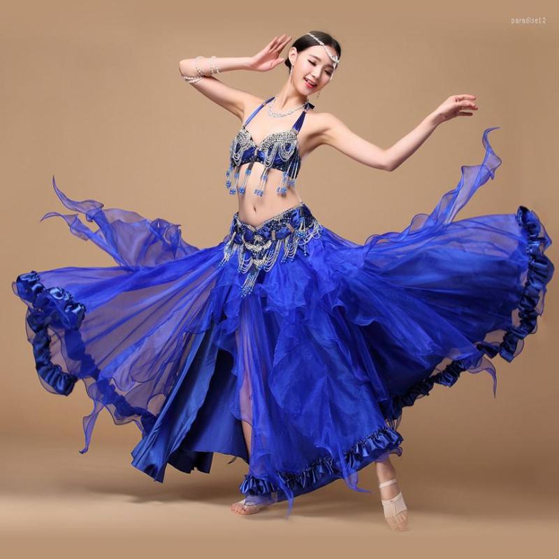 

Stage Wear S-xl Luxury Performance Belly Dancing Costume Outfit Set Bra Top Belt Hip Scarf Skirt Dress Bollywood 3pcs, Blue