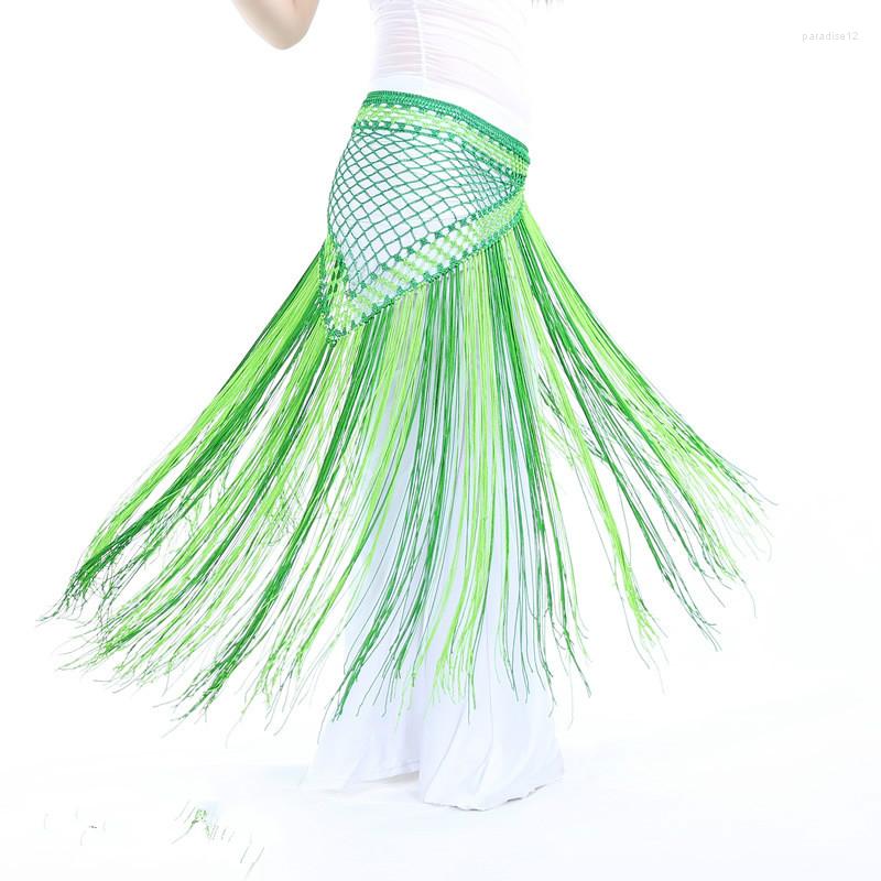 

Stage Wear Sexy Hip Scarf Mixed Two Color Belt Belly Dance Argentina Style Long Fishnet Tassels Bellydance, Dark and apple green