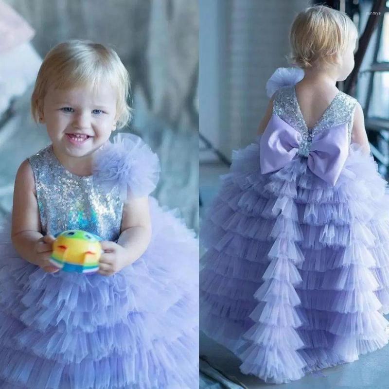 

Girl Dresses Cute Kids Flower Bow Sequined Ruffles Tiered Purple Sleeveless Formal Boho Pageant Dress, Auburn