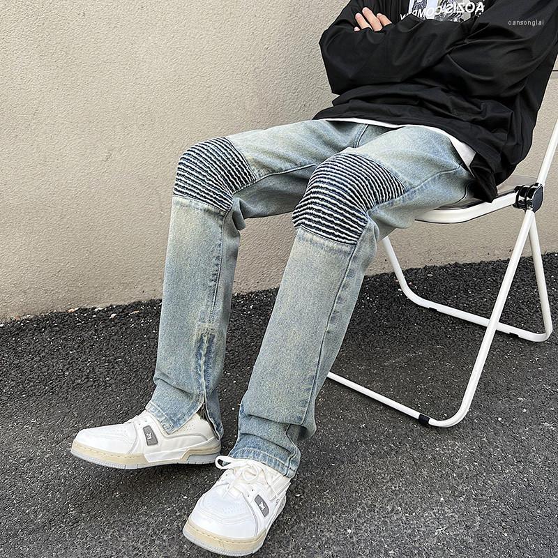

Men's Jeans Men Vintage Dilapidated Biker Fashion Hip Hop Retro Zipper For Foot Opening Pleated Straight Denim Trousers Streetwear, Blue