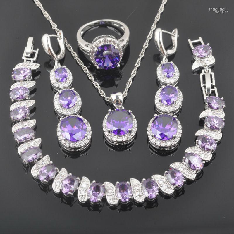 

Necklace Earrings Set & Silver Color Bridal Purple Zircon White CZ Decoration For Women Drop Pendant Ring Bracelet QS0313, Picture shown