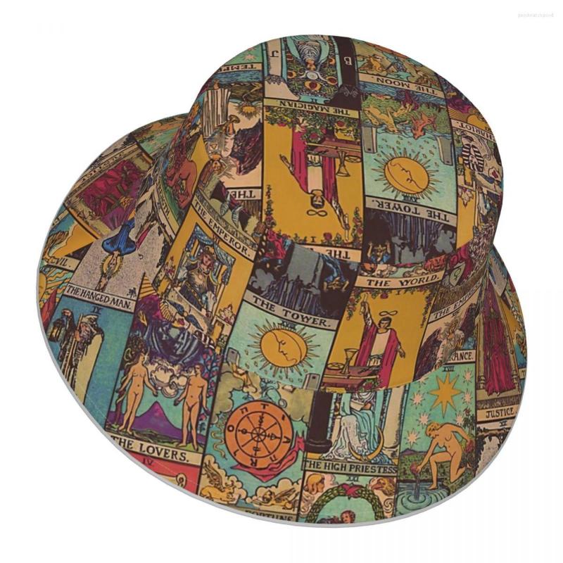 

Berets The Major Arcana Of Tarot Vintage Patchwork Reflective Bucket Hat Men Women Outdoor Sunscreen Beach Fishing Cap, Black