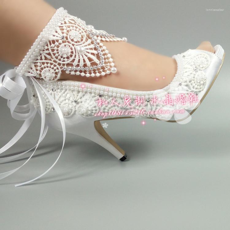

Sandals Lace Pearl Wedding Shoes Spike High Heel Ankle Strap Wrapped Lace-up Women For Party Banquet Evening Dress Bridesmaid, White heel 8cm