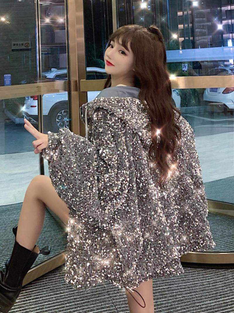 

Women's Jackets Fashionable Coat Women's Autumn And Winter 2022 Korean Style Shiny Streetwear Thickened Elegant Hooded Jacket, Black regular