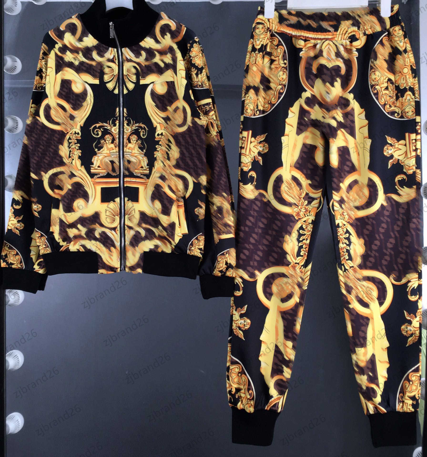

Womens Two Piece Pants Full-body Printed Stitching Webbing Stand Collar Zipper Jacket Tops Elastic Waist Loose Casual Trousers Fashion Designer Women Clothes, 10