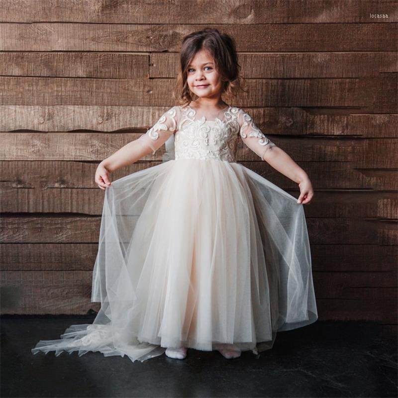 

Girl Dresses Graceful Flower For Wedding Boho Appliques Bow A Line Half Illusion Sleeves Tulle Kids Prom Gown Dress, Champagne