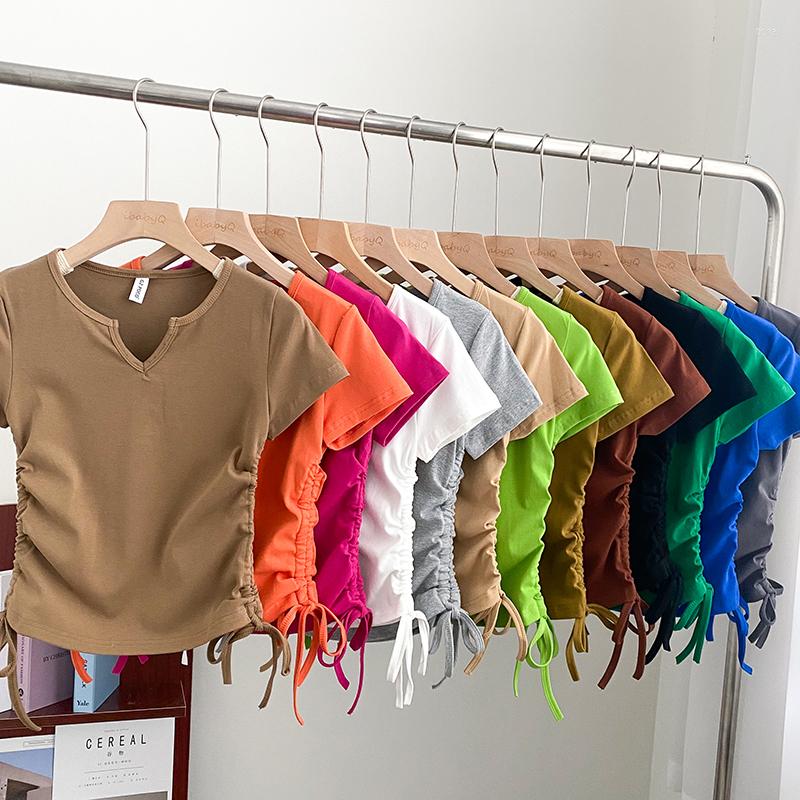 

Women's Blouses Y2K OL Pleated Drawstring Woman Blouse Small V-neck Office Femme Blusas Korean Fashion Short Sleeve Shirts Women Drop, Green