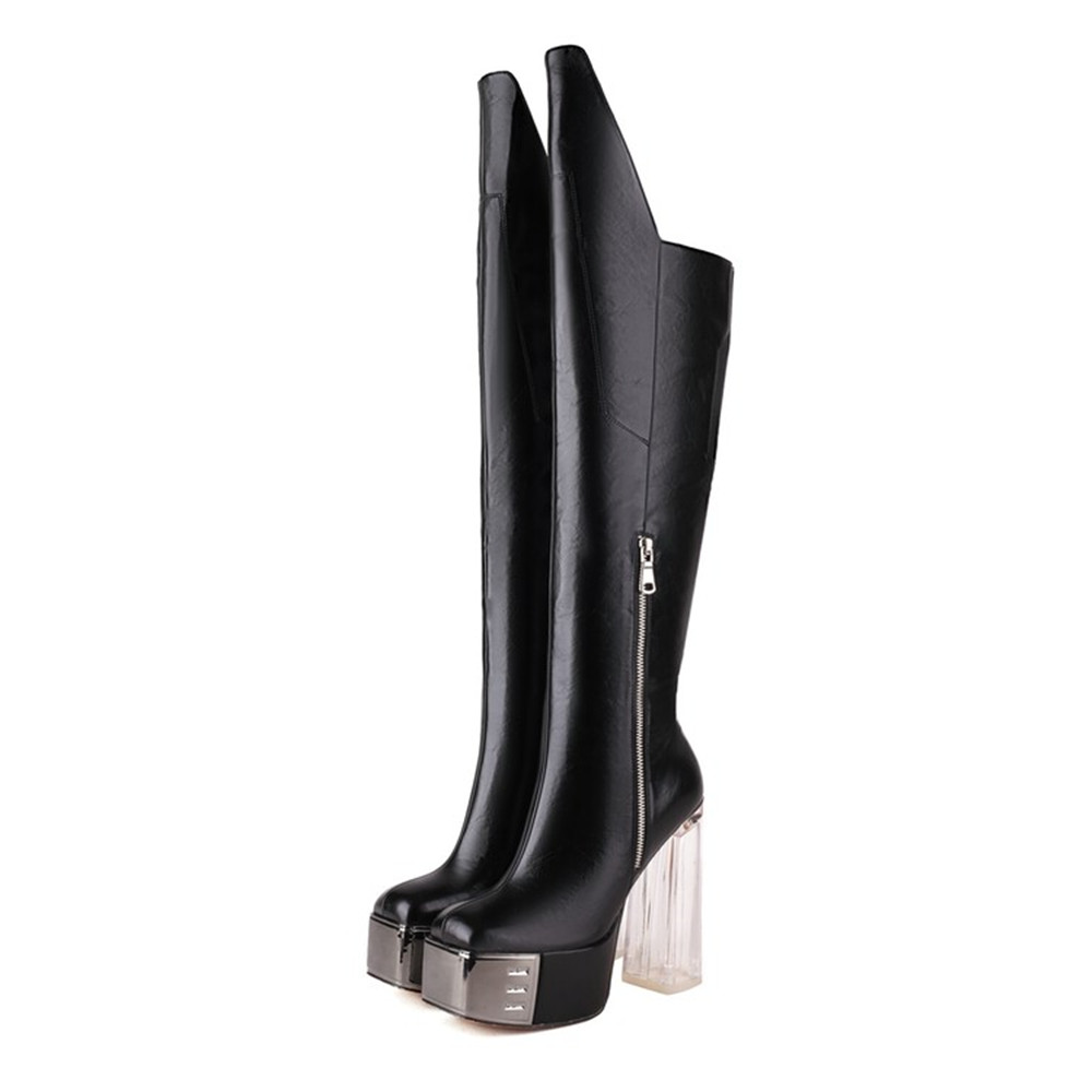 2022 Women's Boots Autumn Europe and America New Transparent Thick High Heel Waterproof Table Cover Foot Large Boots Red Black