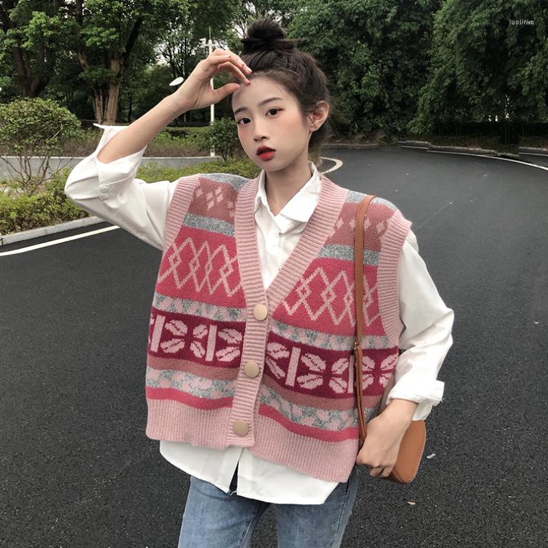 

Women' Vests The V-neck Knitted Vest 2022 Spring And Autumn Korean Version Loose All-match Sweater Geometric Pattern Female