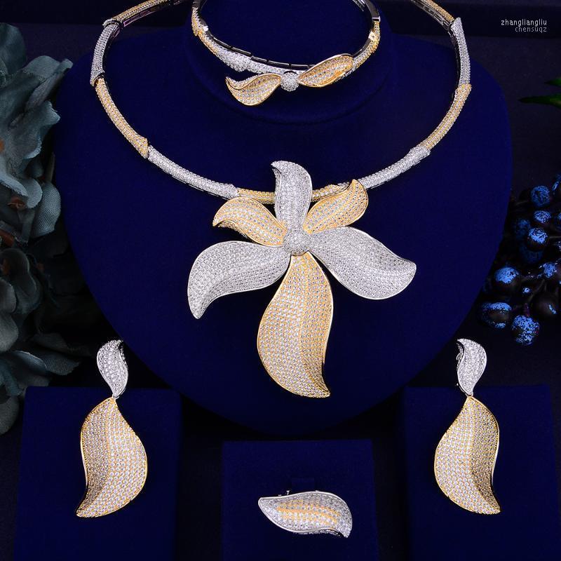 

Necklace Earrings Set & Missvikki Famous Super Fashion Design Handmade Paved Full CZ Clear Crystal Big Blooming Flowers Pendant 4 PCS, Picture shown