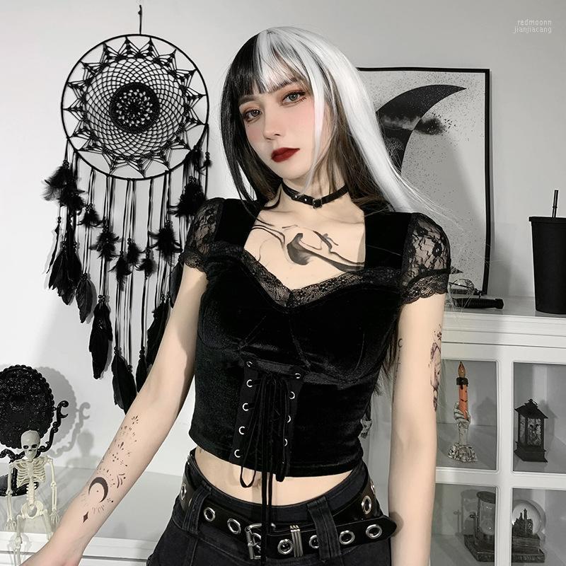 

Women' T Shirts Women' T-Shirt Velvet Mall Gothic Punk Women Cloth Grunge Aesthetic Vintage Lace Summer Crop Tops Emo Bodycon Pleated