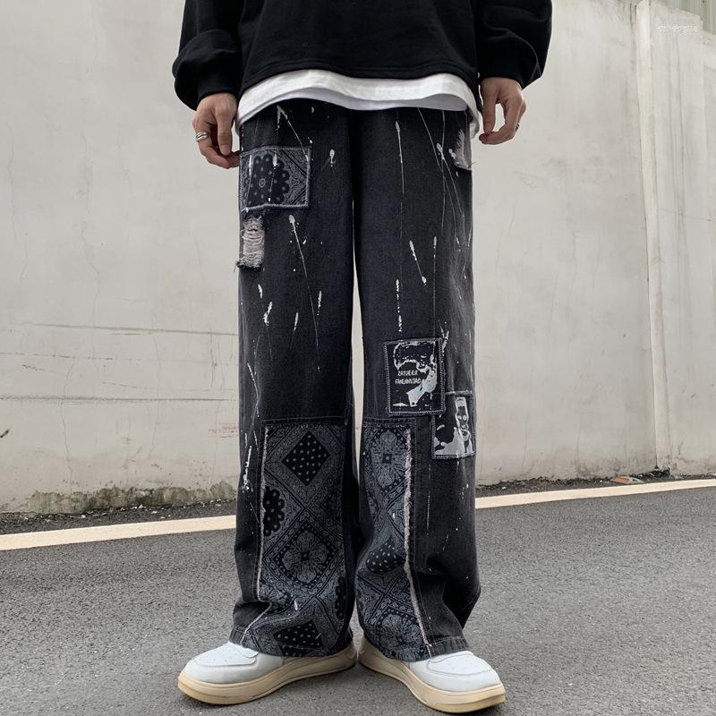 

Men's Jeans Men's 2022 Y2K Patchwork Black Grunge Baggy Men Graphic Pants Hole Ripped Women Loose Straight Goth Denim Trousers Ropa