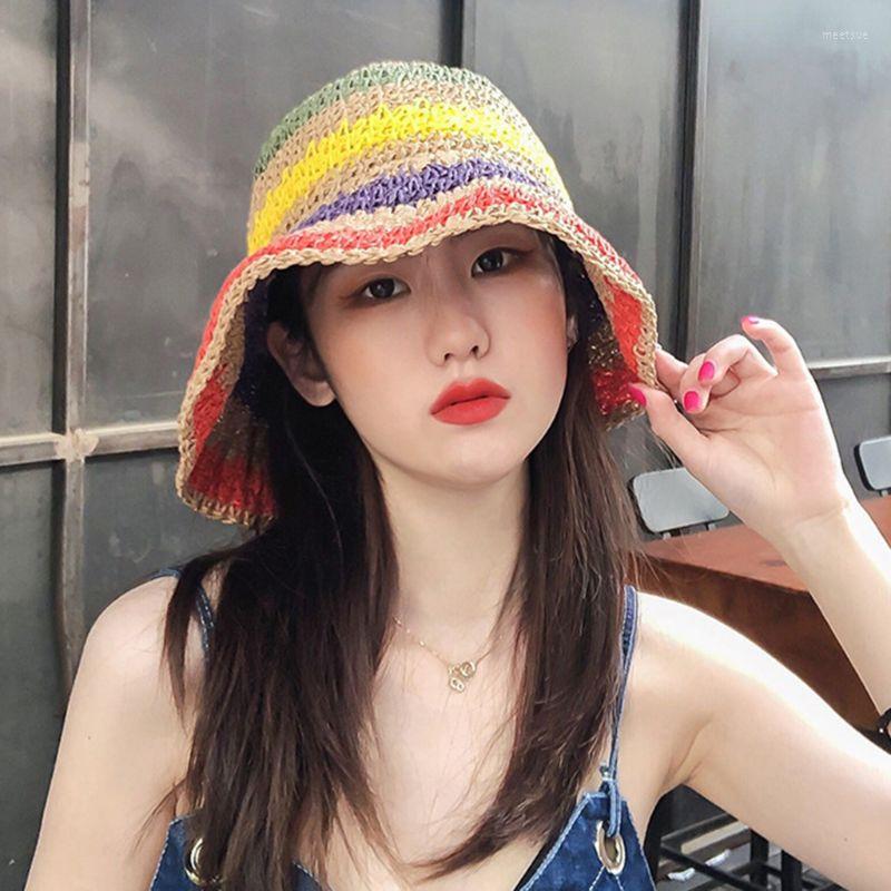

Wide Brim Hats Women Summer Handmade Crochet Straw Sun Hat Rainbow Colorful Stripes Patchwork Sunscreen Vacation Beach Cap, Beige