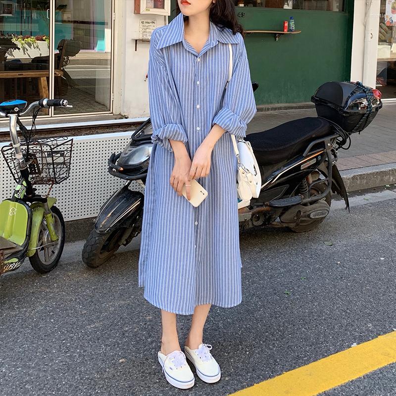 

Casual Dresses 2022 Spring Autumn Korean Retro Long-sleeved Striped Shirt Dress For Women Clothing J52