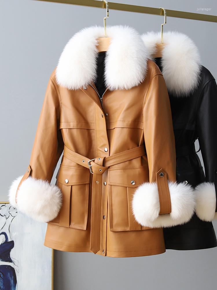 

Women' Leather 90% White Duck Down Women' Jackets Fur Collar Coat Female Real Sheepskin Jacket Women Invierno Mujer Zjt1744, Black