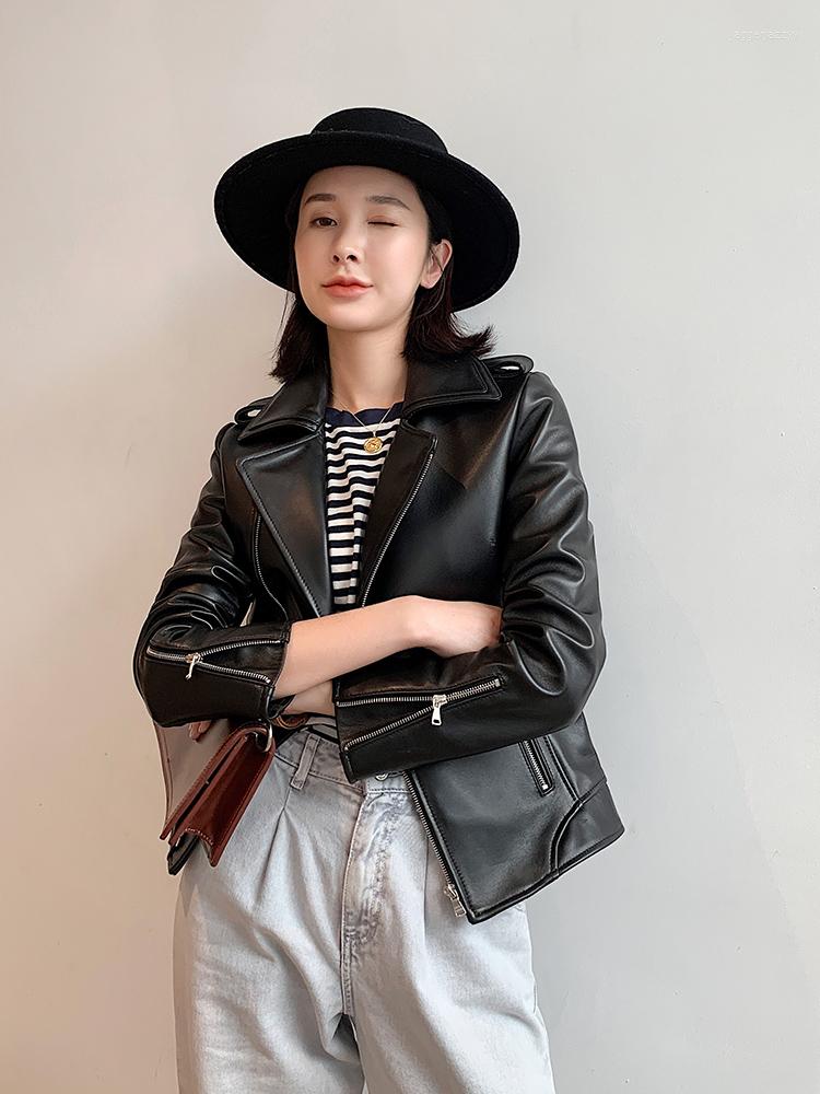 

Women' Leather Real Jacket Women Black Short Genuine Coat Sheepskin Motorcycle Spring Autumn Cuero Genuino 17D14 Pph333