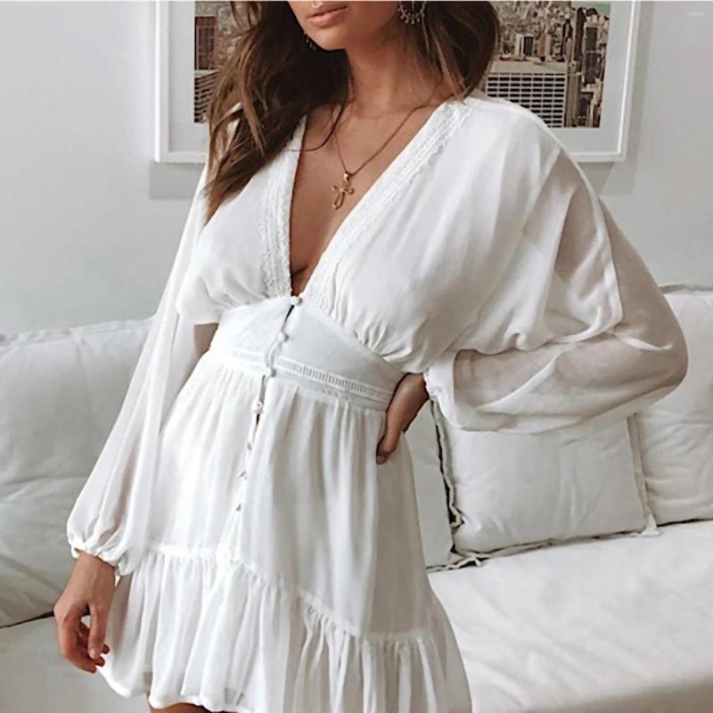 

Casual Dresses Party Summer Dress 2022 Women White High Waist Solid Chiffon Long Sleeve Elegant Vestido De Mujer