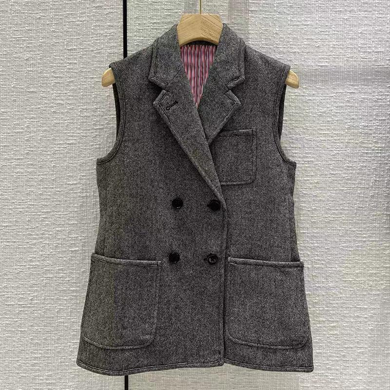 

Women' Vests Fashion Grey Woolen Vest Jacket For Women High Quality Striped Lining Turn Down Collar Double Breasted Sleeveless Coat Lady, Picture shown